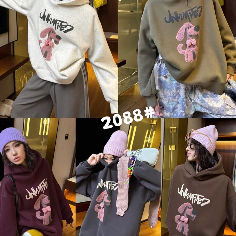 邹先森2088-30加绒加厚立体蝴蝶结粉色小狗印花连帽百搭情侣宽松