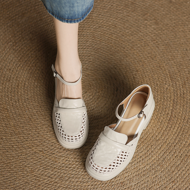 7厘米厚底夏季中跟真皮凉鞋女夏透气增高软底镂空玛丽珍凉鞋