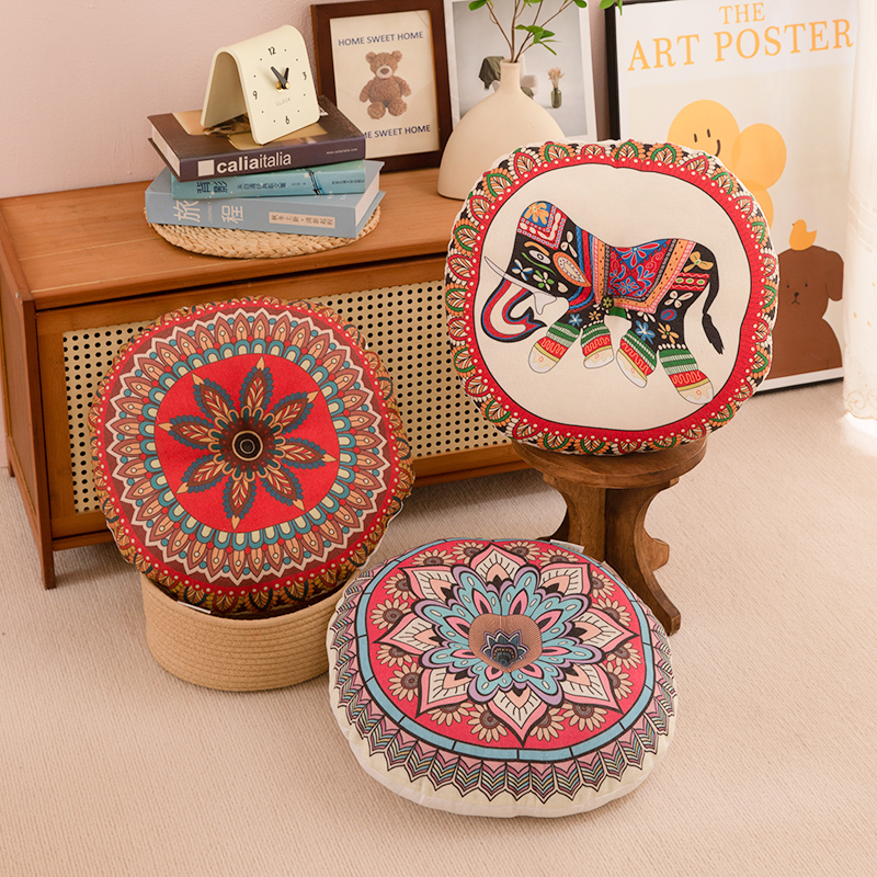 吉象如意棉麻圆形坐垫防滑垫子家用椅子加厚民族风垫子地垫加厚款