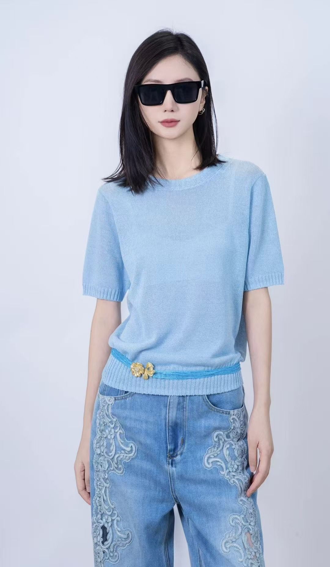 百搭短袖轻职风镂空毛针织衫常规款设计师时尚女适中