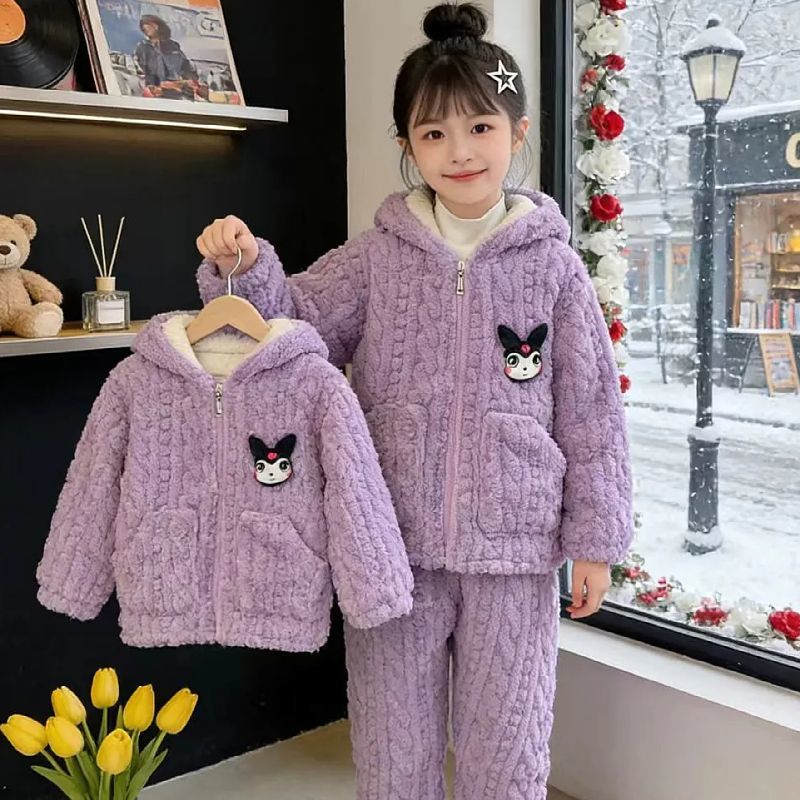 女童冬季加绒加厚睡衣3-16岁女孩中大童小童外穿保暖家居服套装