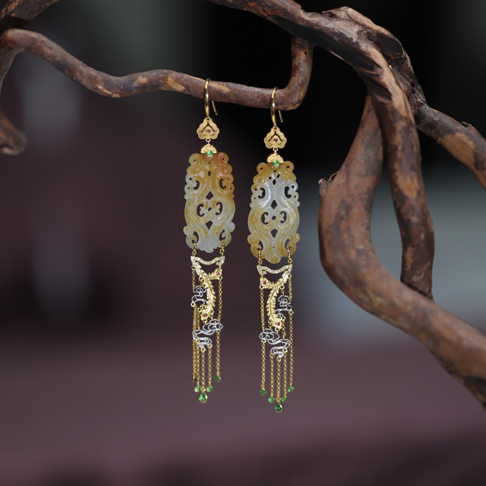 苏玉堂凤凰耳环18K金镶嵌和田玉俏色巧雕