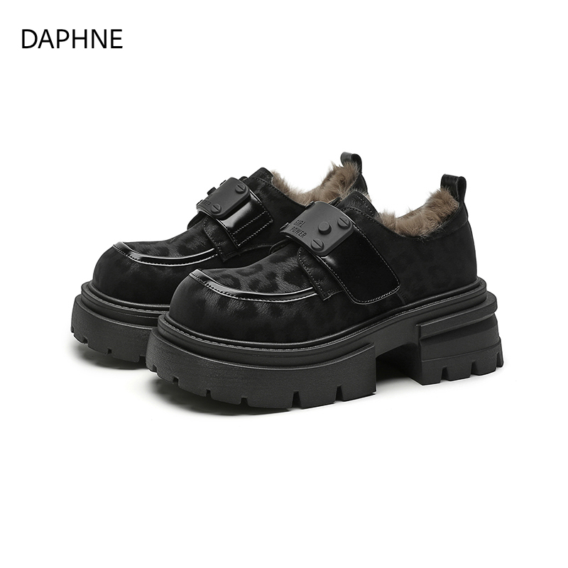 达芙妮豹纹乐福鞋女2025秋冬新款魔术贴加绒休闲鞋女一脚蹬女鞋