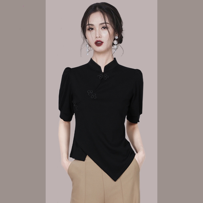 高端中国风复古盘扣短袖T恤女2025夏修身新中式改良旗袍开叉上衣