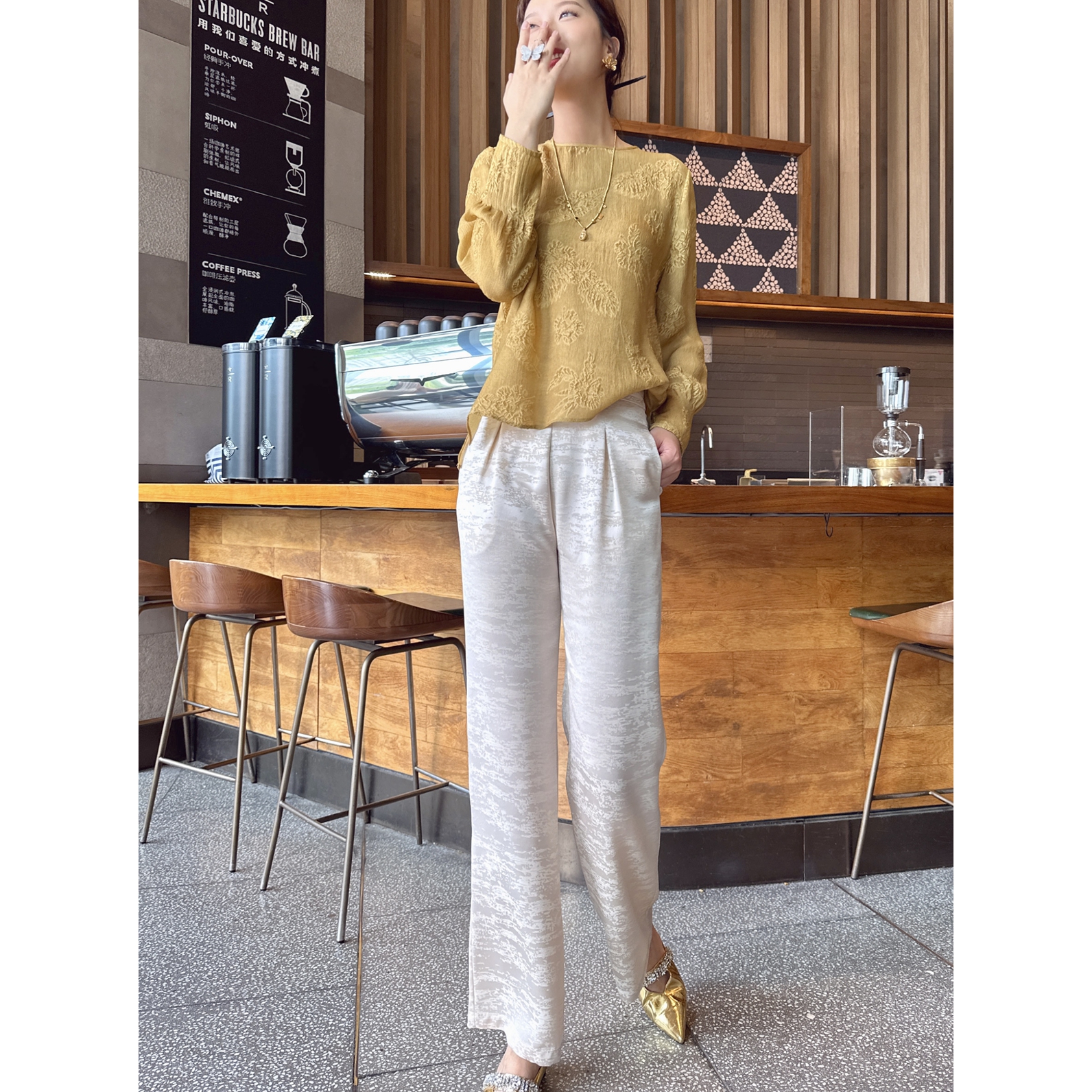 【老罗家】原创休闲裤女新中式醋酸提花长裤松紧腰显瘦百搭直筒裤