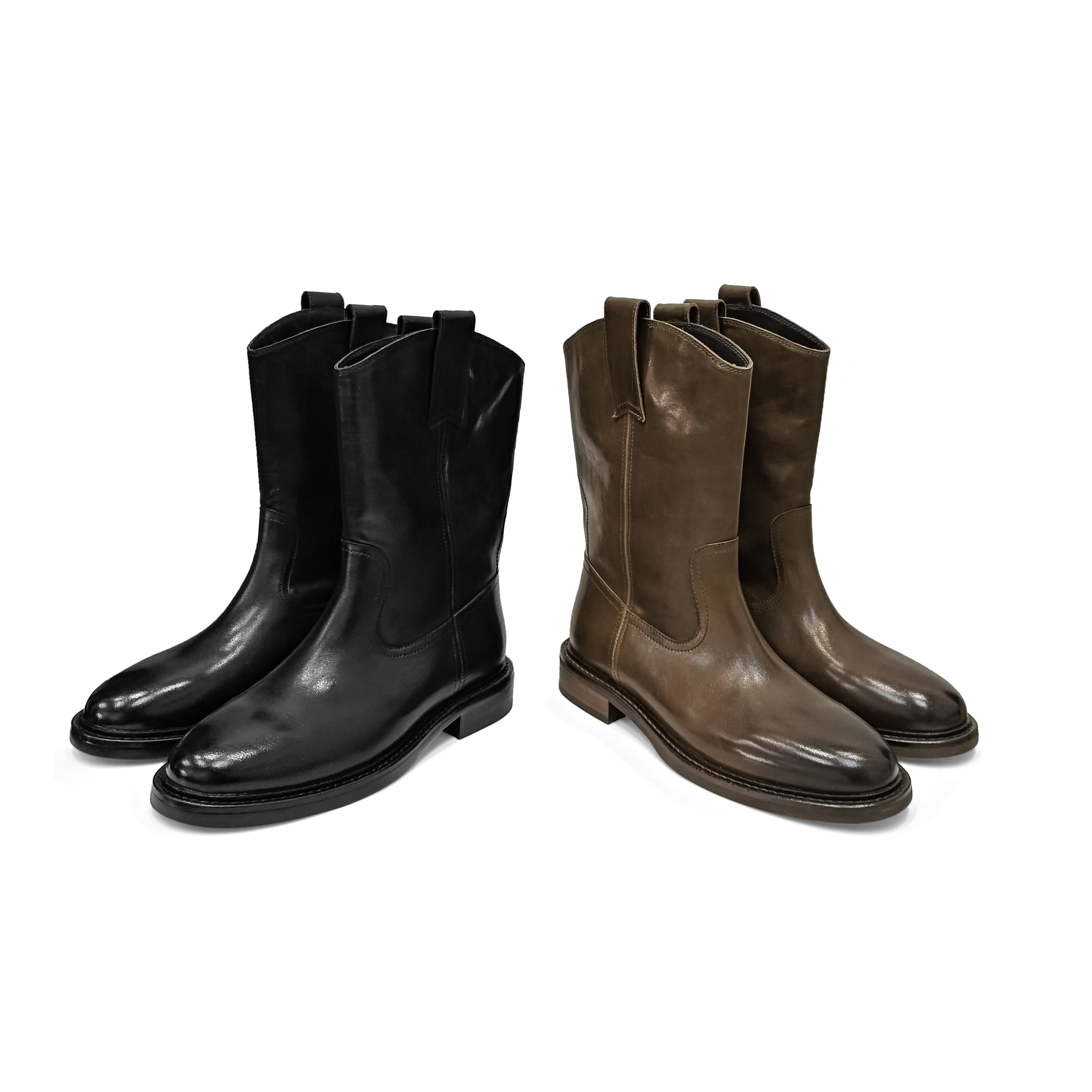 短靴女2025新款马丁靴V口马皮裸靴圆头粗跟西部牛仔靴子