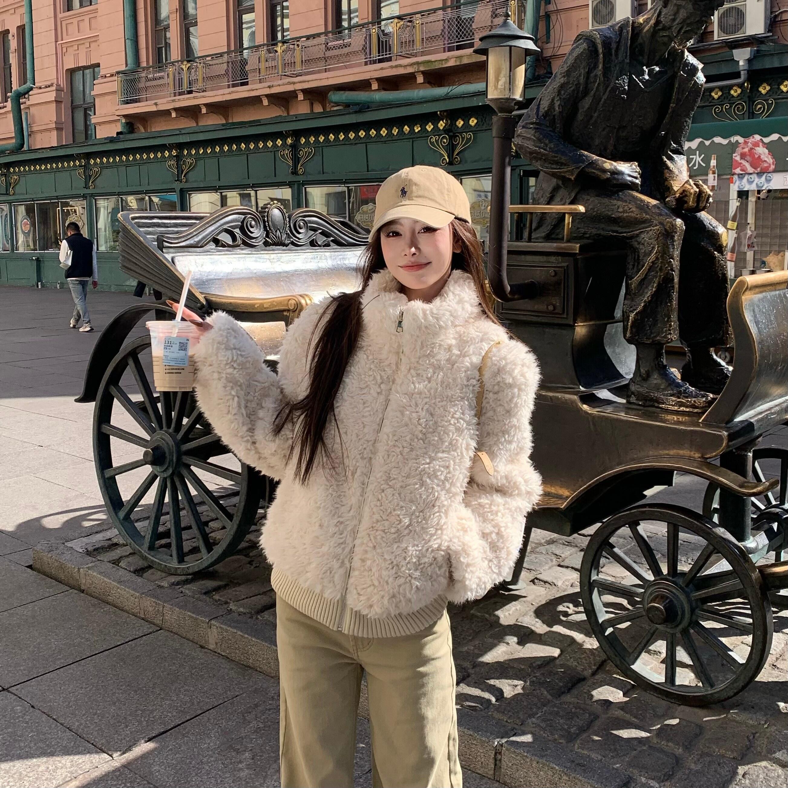 2025新款泰迪卷卷立领仿羊羔毛外套女冬保暖显瘦韩系短款毛毛上衣