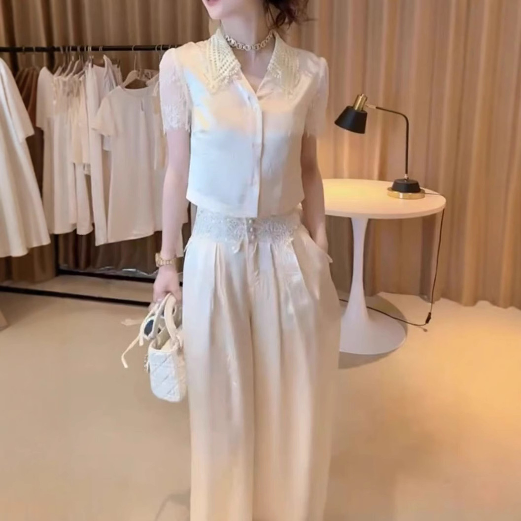 25616大爱美依缘2025夏季新款纯欲风拼接短上衣高腰直筒裤套装女