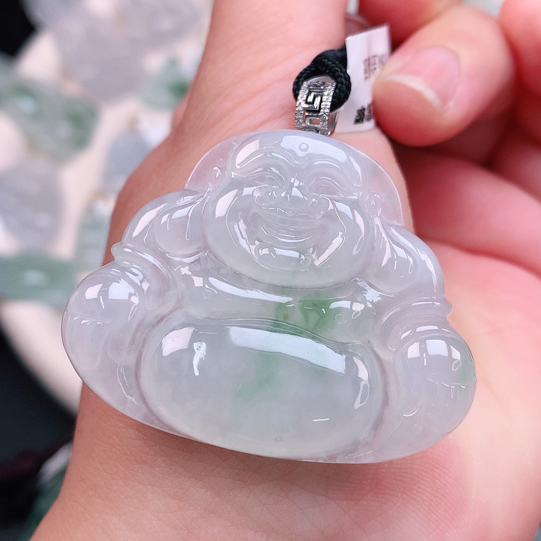 翡翠颈饰18K金镶嵌冰胶飘绿大佛公36*45*5.8