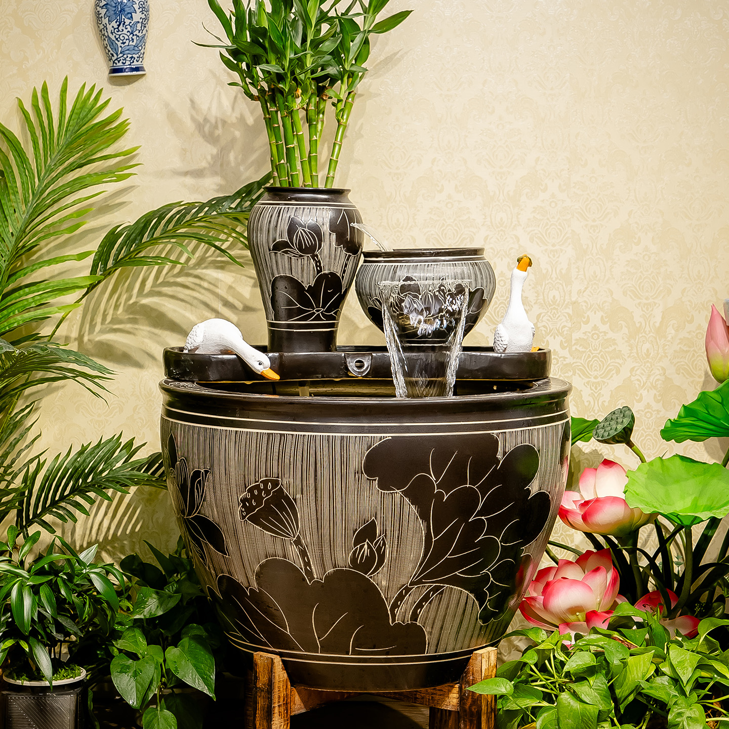 景德镇陶瓷庭院大缸莲客厅茶室阳台景观摆设水缸流水摆件
