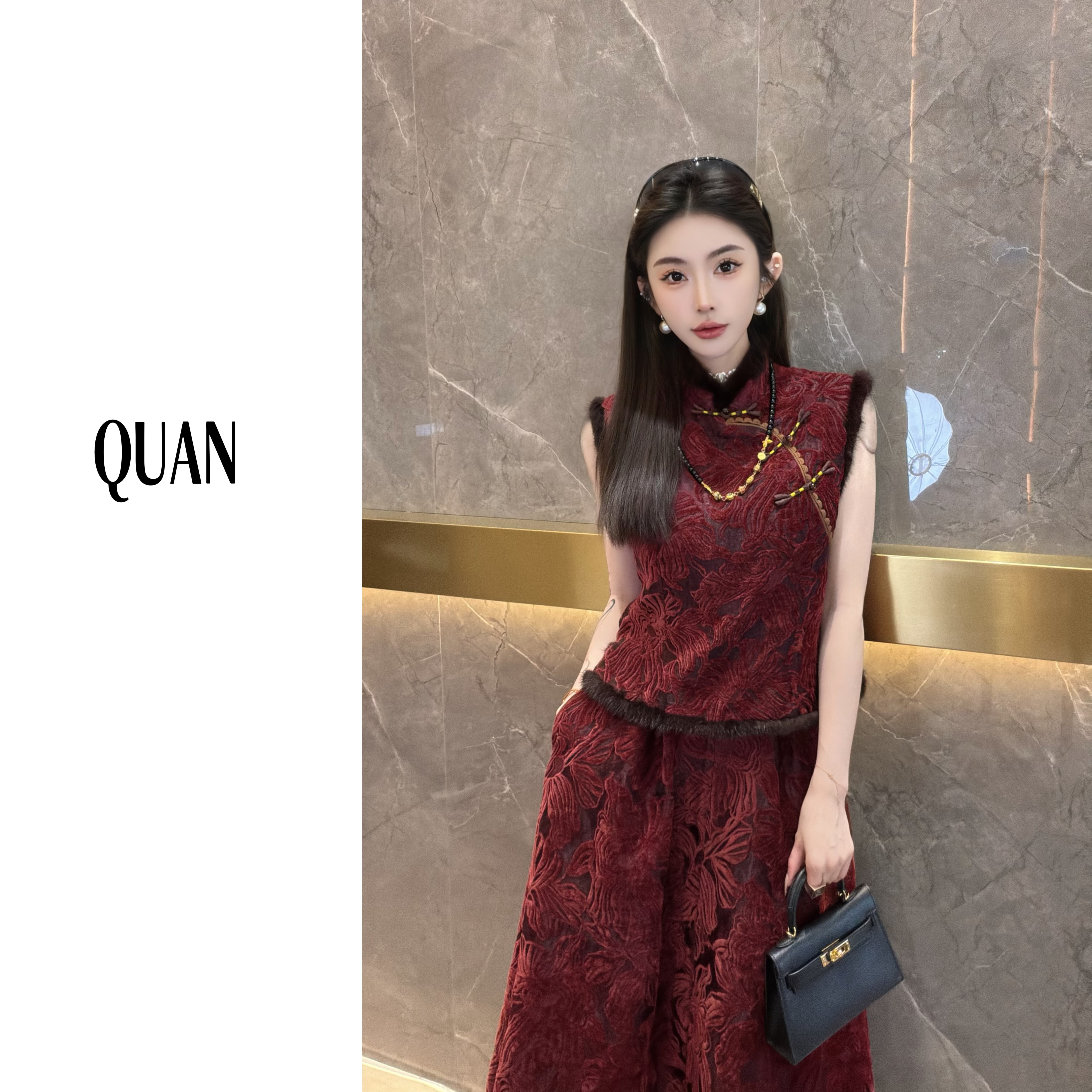 【红红火火】新中式休闲百搭水貂毛中国风冬季厚款马甲裙子套装