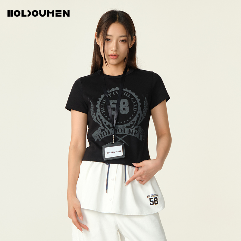 Holdoumen25夏季日常系列修身短款印花T恤