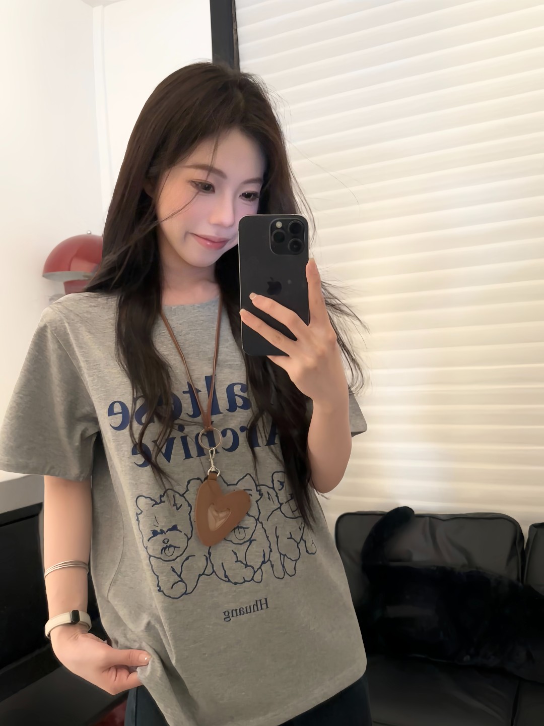 BèBè 韩系简约小狗印花深灰色百搭显瘦宽松T恤女ins夏季短袖上衣