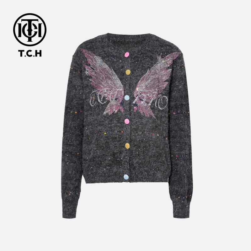 TCH私服烫钻工艺时尚休闲百搭翅膀针织开衫女T75C43E1019轻奢tch