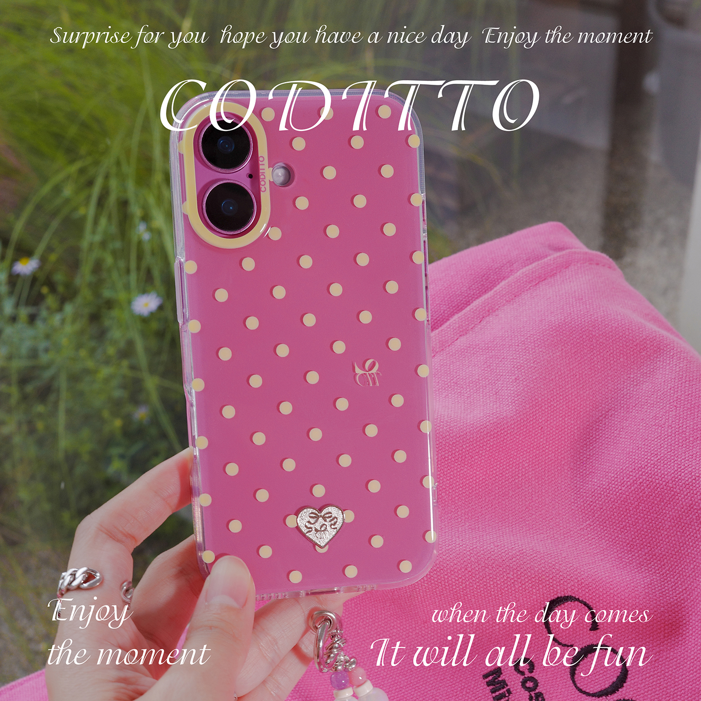 coditto波点玫红浆果双层适用苹果17 16 15promax手机壳少女简约