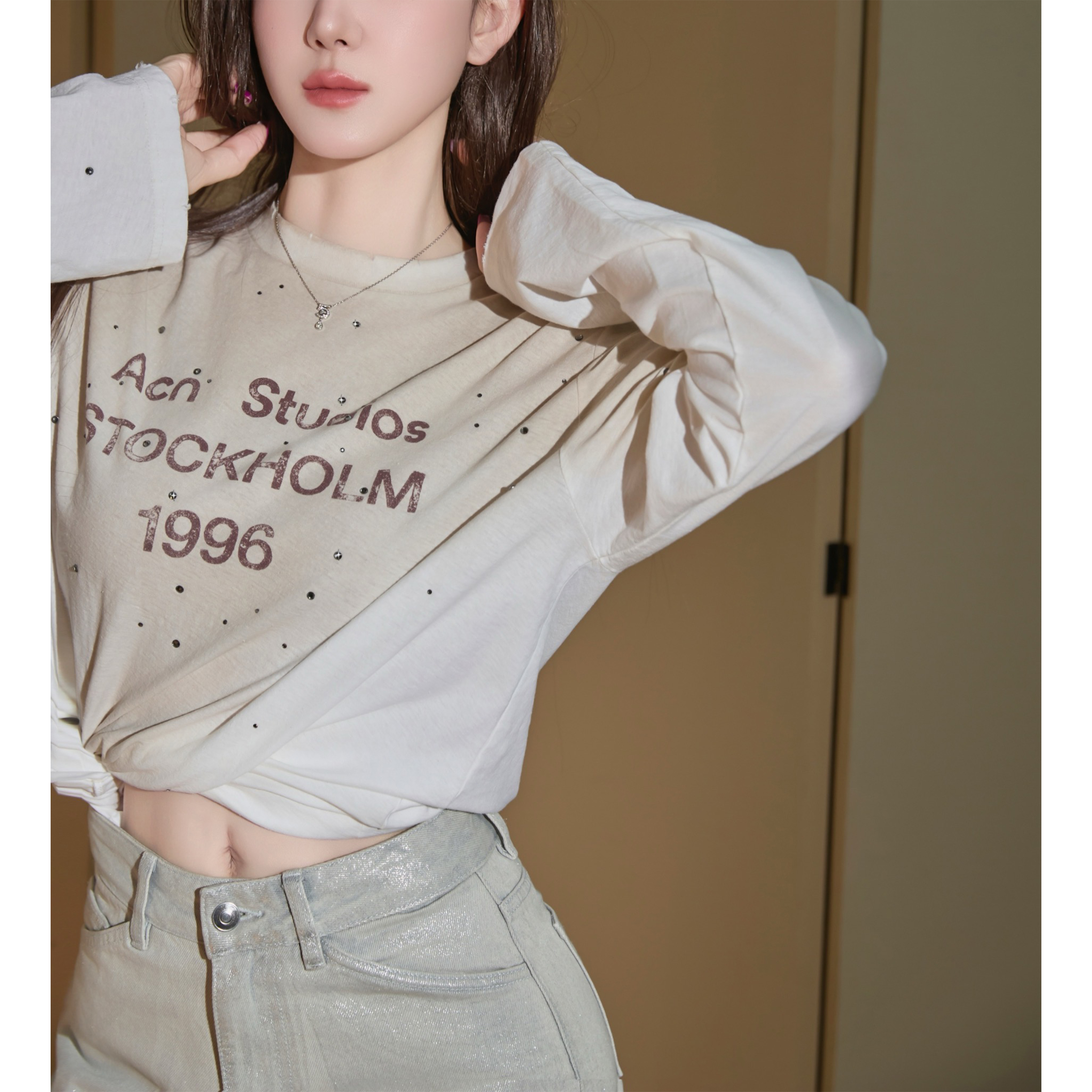 LIMERENCE “ACN” 做旧晕染带钻长袖T宽松   