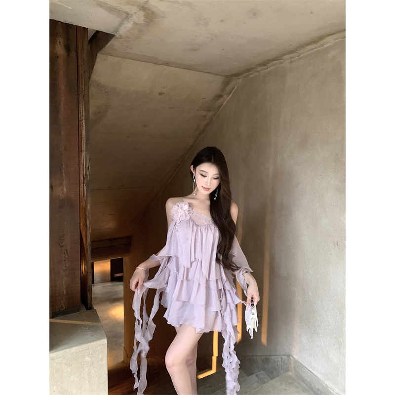 法式气质不规则荷叶边立体花朵海边度假感纯欲露肩网纱连衣裙女夏