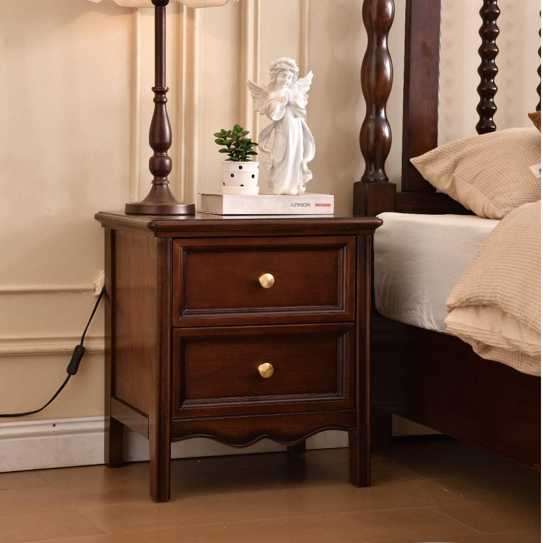 法式床头柜全实木复古单抽屉带置物架家用经典主卧室床边柜做旧