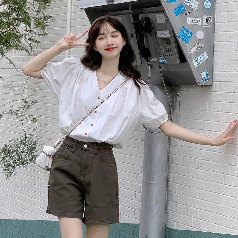 慕兔韩系小清新白衬衫女2023夏季新款V领泡泡袖上衣