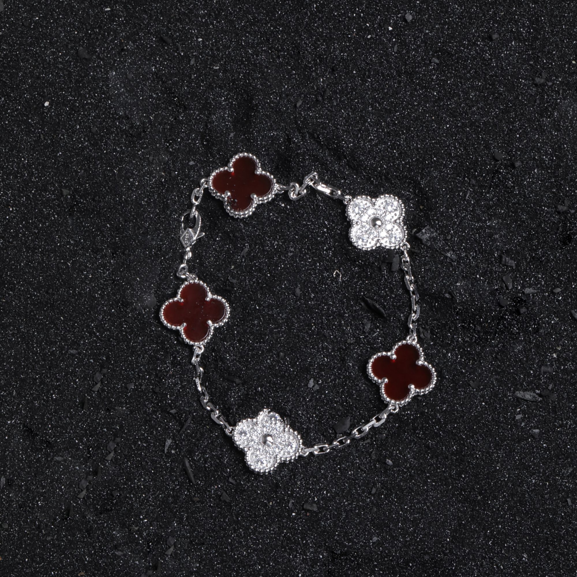 925银合成锆石手链 S09827 精工白锆红色四叶草链条手链