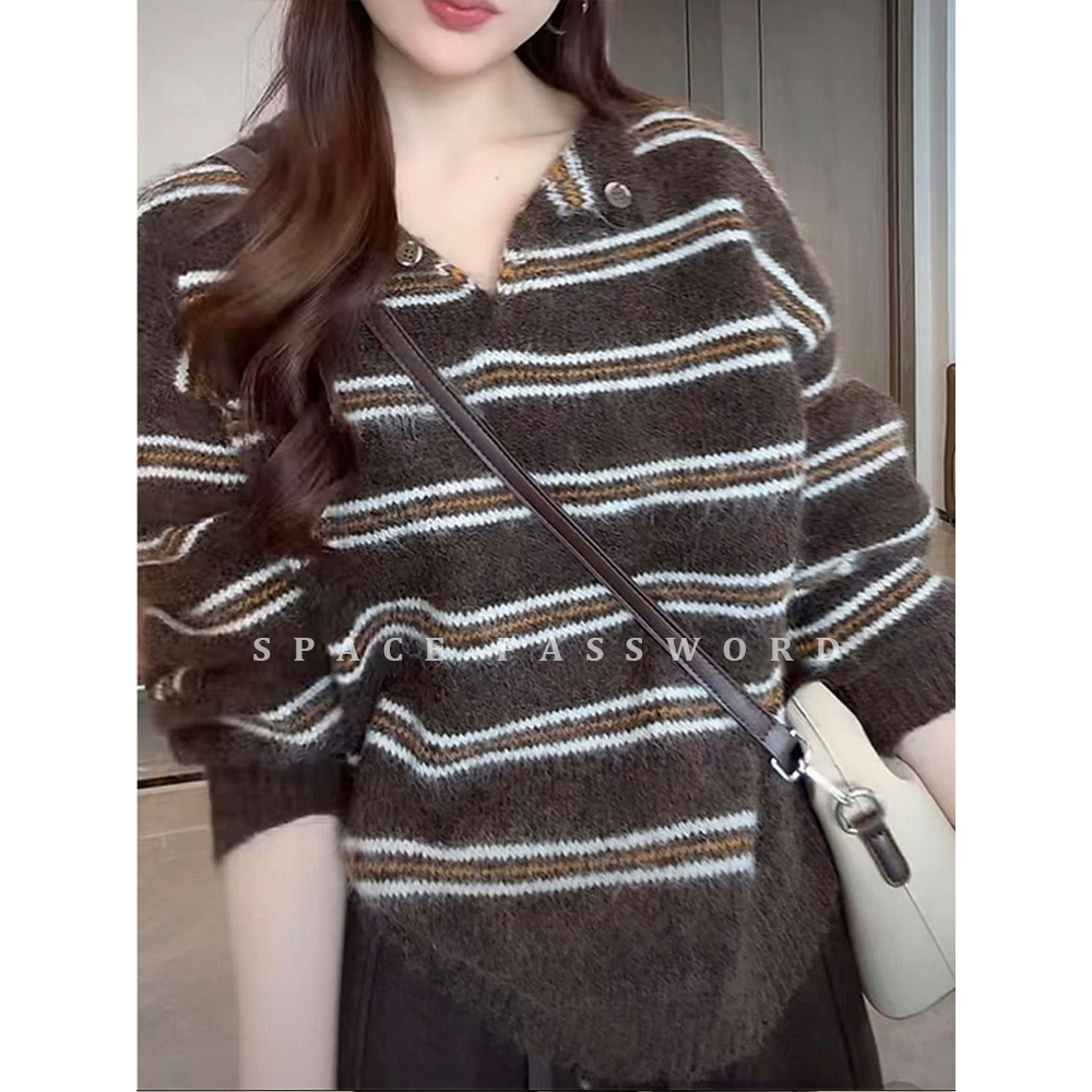 条纹撞色针织衫女秋冬新款宽松百搭复古老钱风松弛感软糯套头毛衣