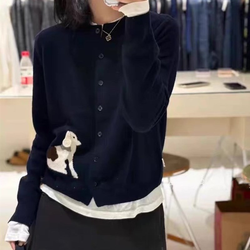 100%羊毛~立体刺绣动物小狗老钱宽松大码减龄欧货开衫毛衣外套女