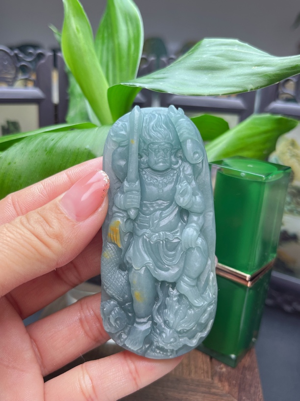 天然翡翠A货六臂不动明王鸡守护神毛货抛光4天75.4•34.1•9.5