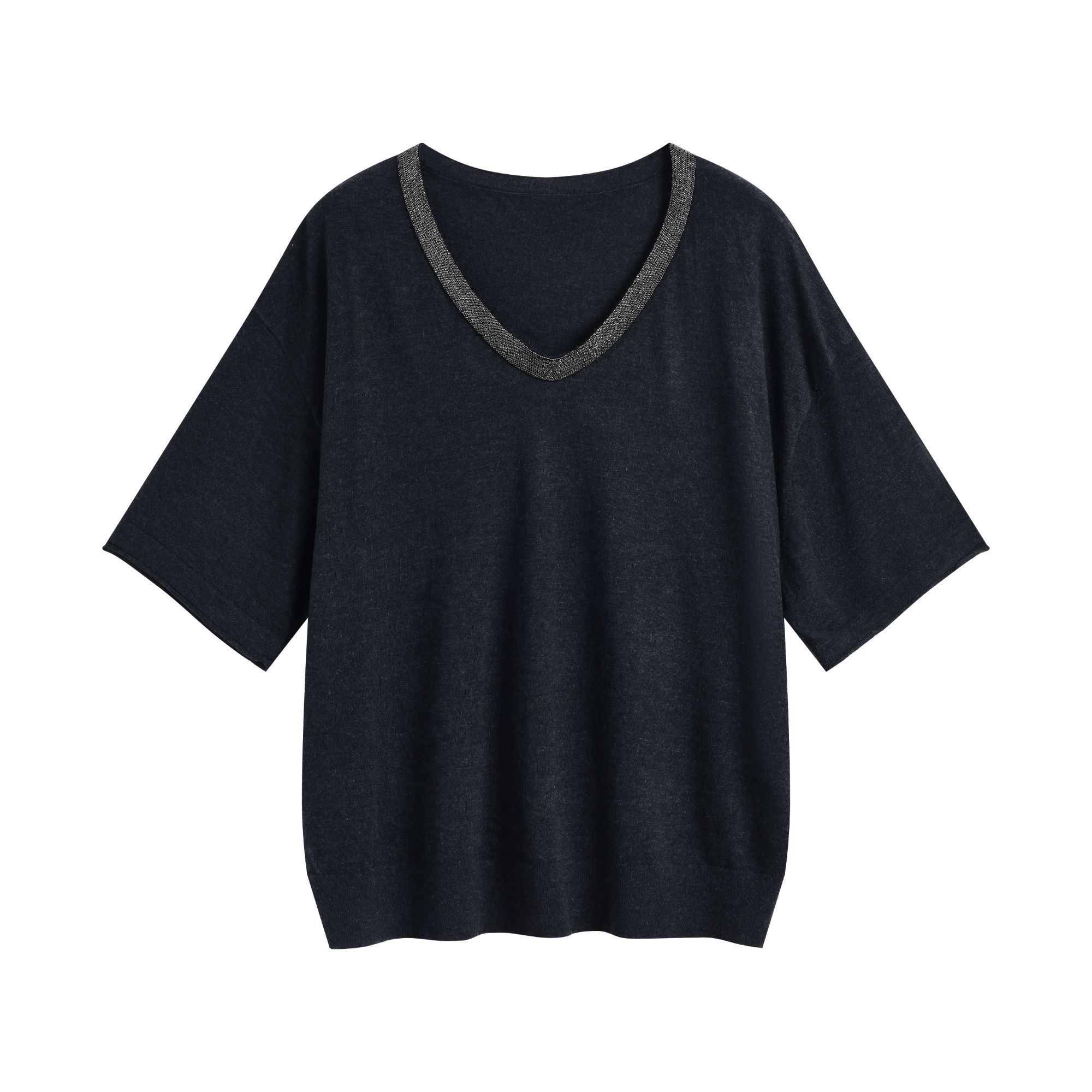 新款V领钉珠链条绵羊毛桑蚕丝短袖上衣0894