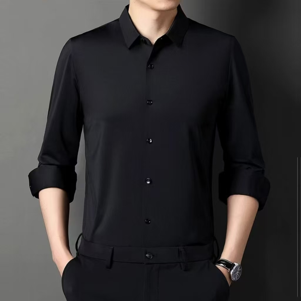 高级感高弹力长袖衬衫男士春秋薄款商务休闲纯色无痕衬衣1233款