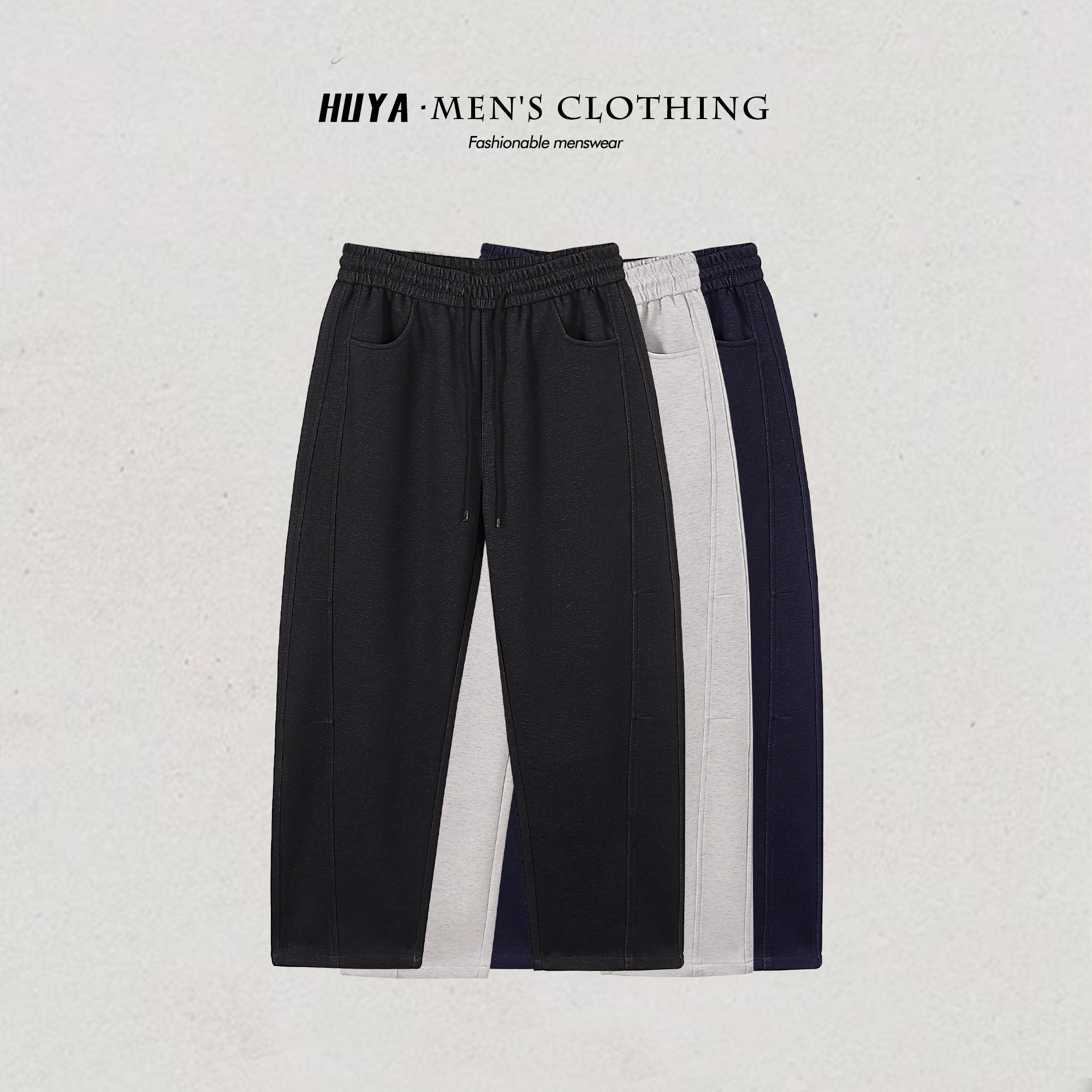 虎牙兄弟秋季磨毛铜氨棉水洗立体剪裁拼接休闲弯刀裤男士 25-8132