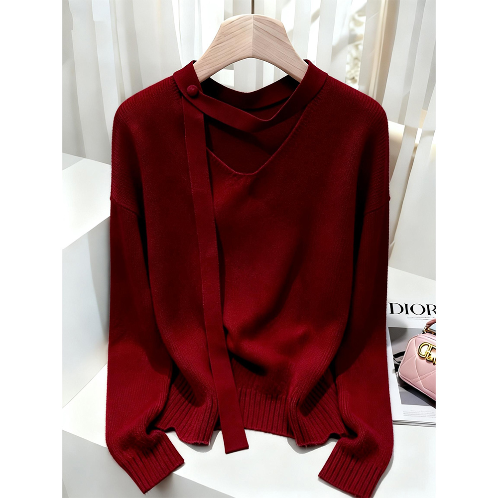 2025秋冬新款红色V领长袖针织衫女高级感飘带设计轻奢大码毛衣潮