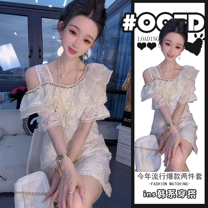 法式露肩重工钉钻荷叶边短袖连衣裙2025夏季提花镂空一字斜领裙子