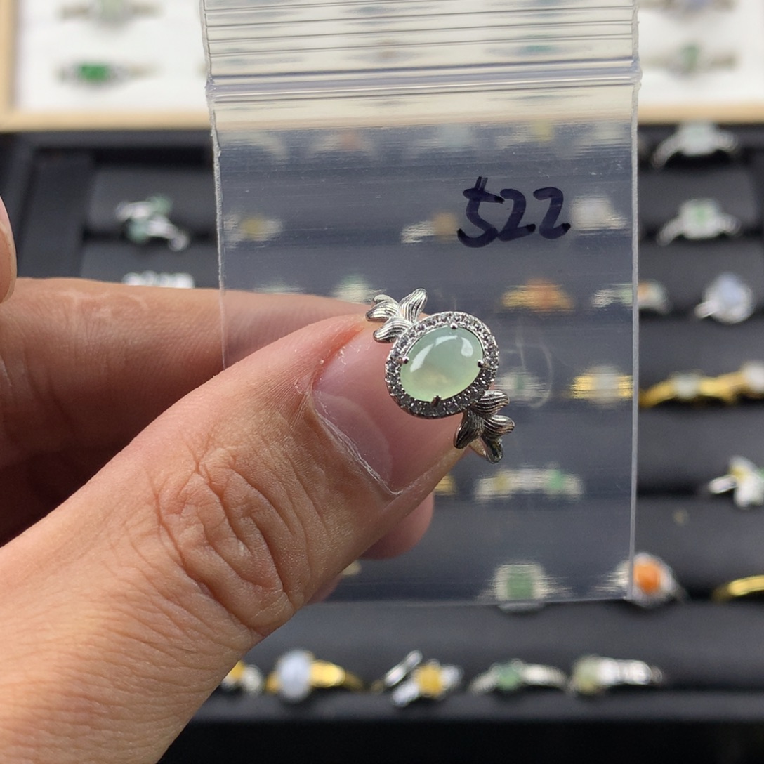 翡翠银S925镀金镶嵌戒指522