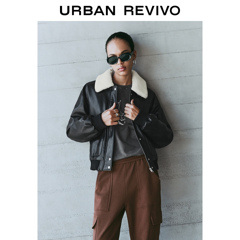 UR2025冬季新款女装流光风休闲拼接毛绒领皮质棉服UYY150032+