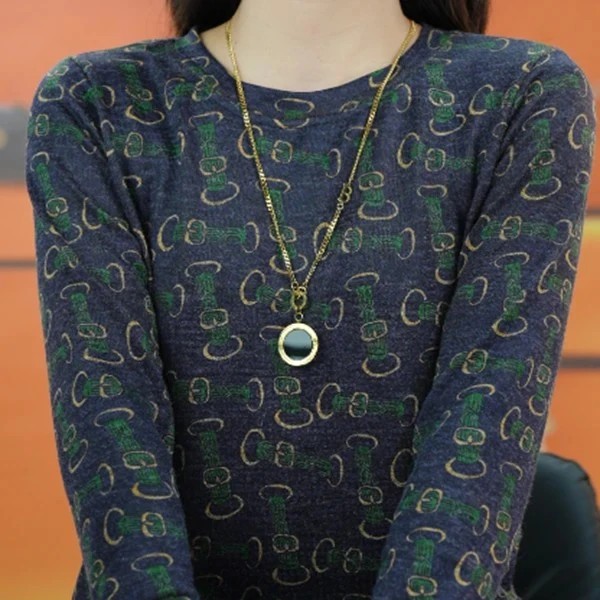 秋季新款薄款弹力印花女长袖中年妈妈装大码时尚打底上衣#2616