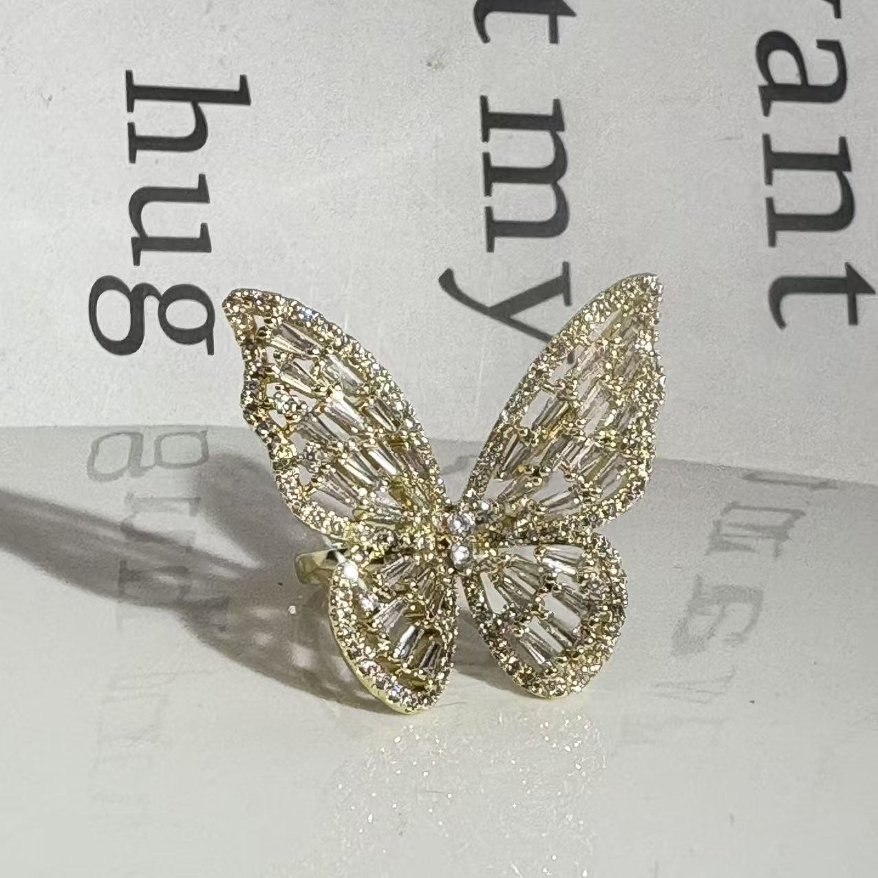 铜合金锆石戒指 铜合金【蝶舞】微镶满钻可调节活开口戒指时尚指环