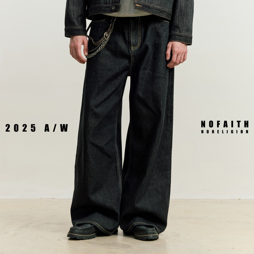 NOFAITH复古原色A字版型牛仔裤男秋季宽松百搭休闲直筒长裤NK5246