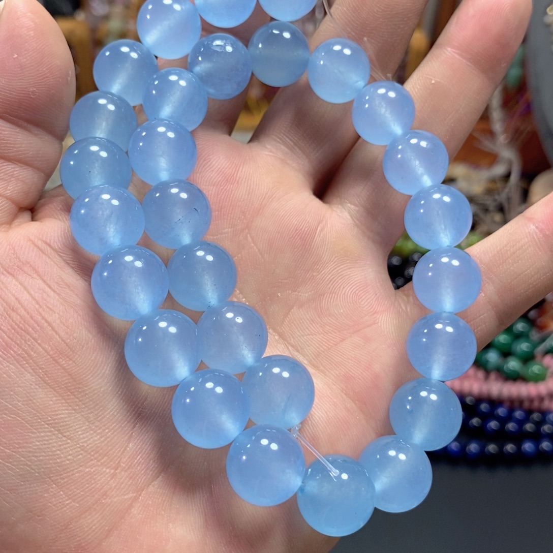 玛瑙/玉髓未镶嵌珠宝半成品玉髓海蓝宝一条卡14mm