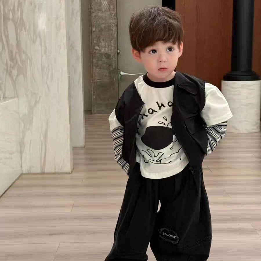 男童2025秋新款套装儿童韩版卡通拼接假两件长袖马甲帅气复古裤子