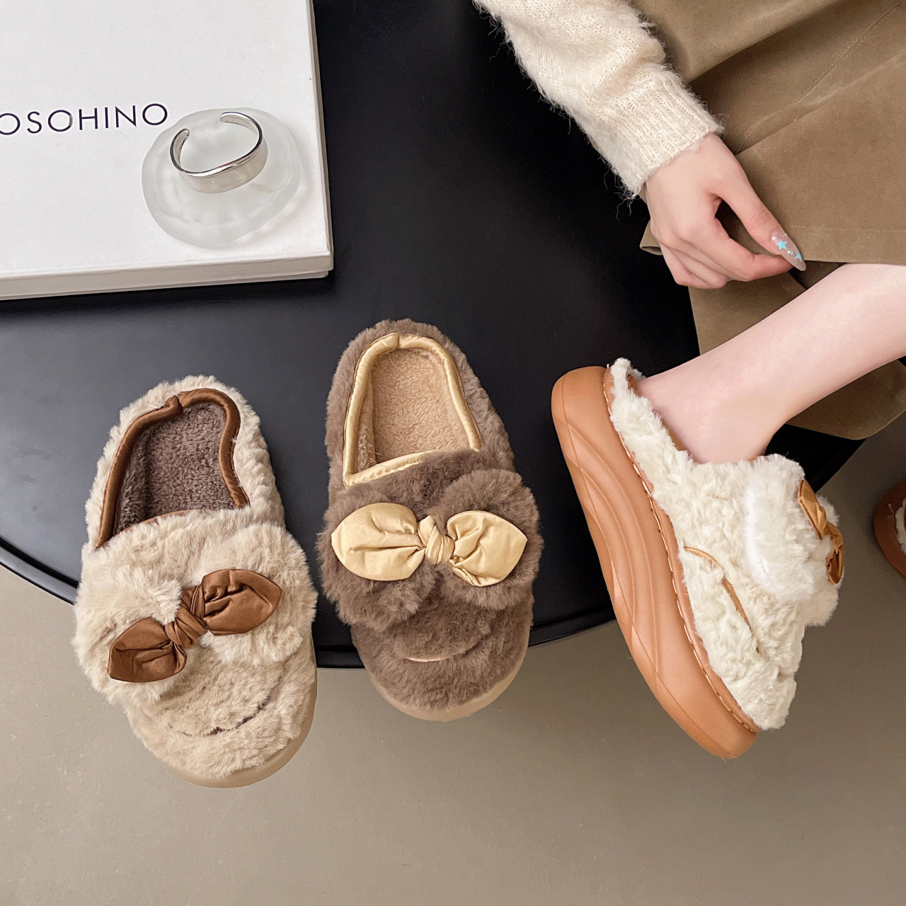 日常秋冬季高跟加厚底棉拖鞋女居家保暖拖鞋防水家居毛毛拖鞋