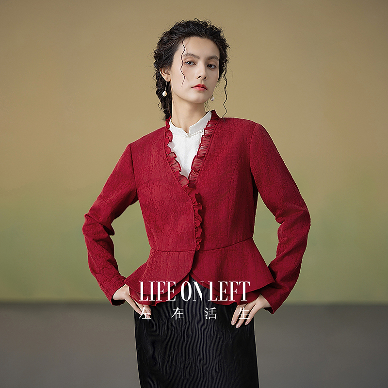 生活在左2025秋冬新品提花国风拼花边外套上衣女1954124