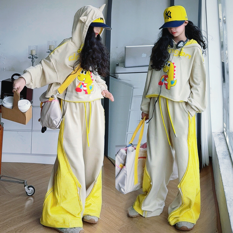萌趣小恐龙拼色连帽套装女童春秋2025新款韩版中大童运动服两件套