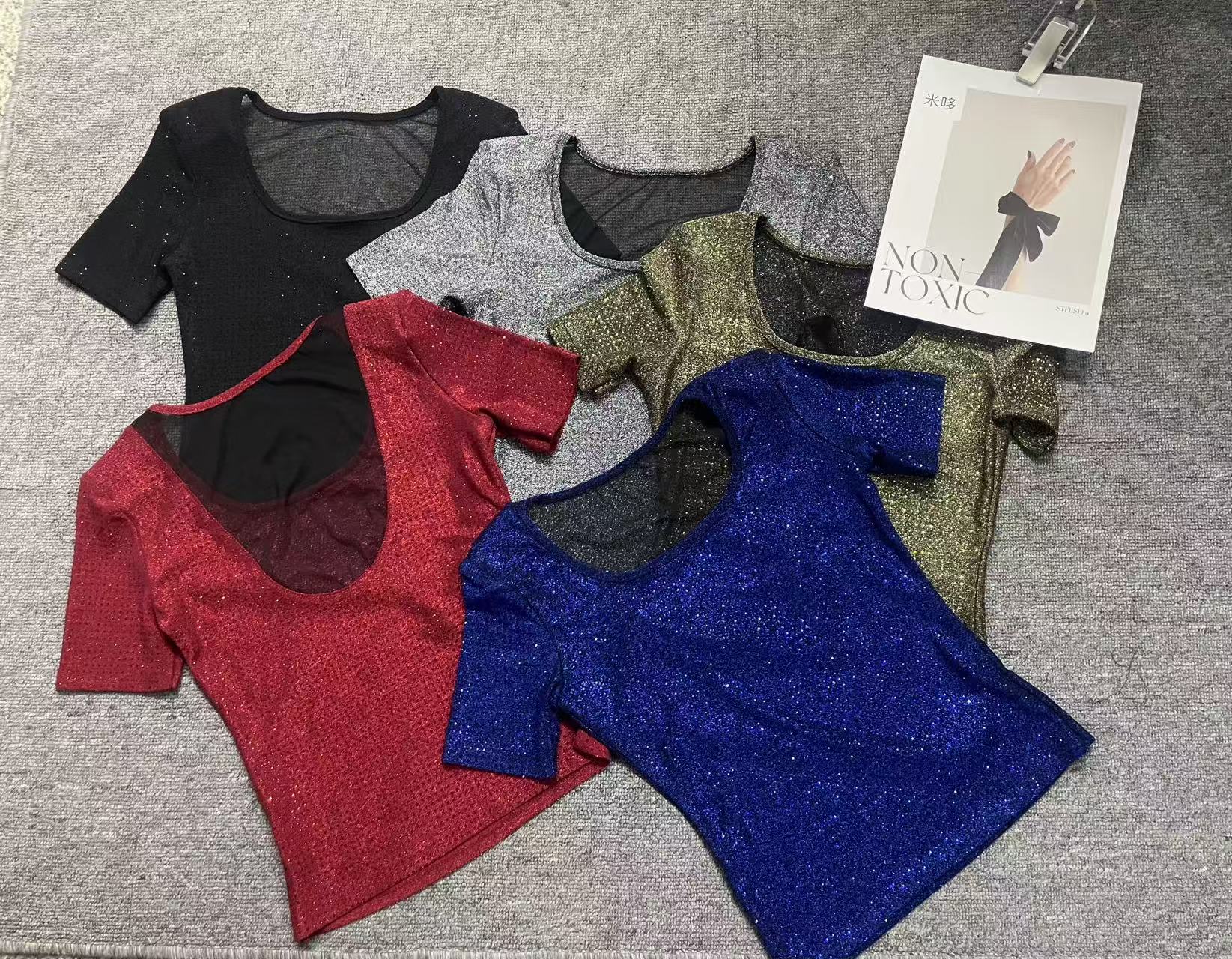 夏夜金迷U型领后背网纱亮钻短袖T恤百搭修身显瘦气质