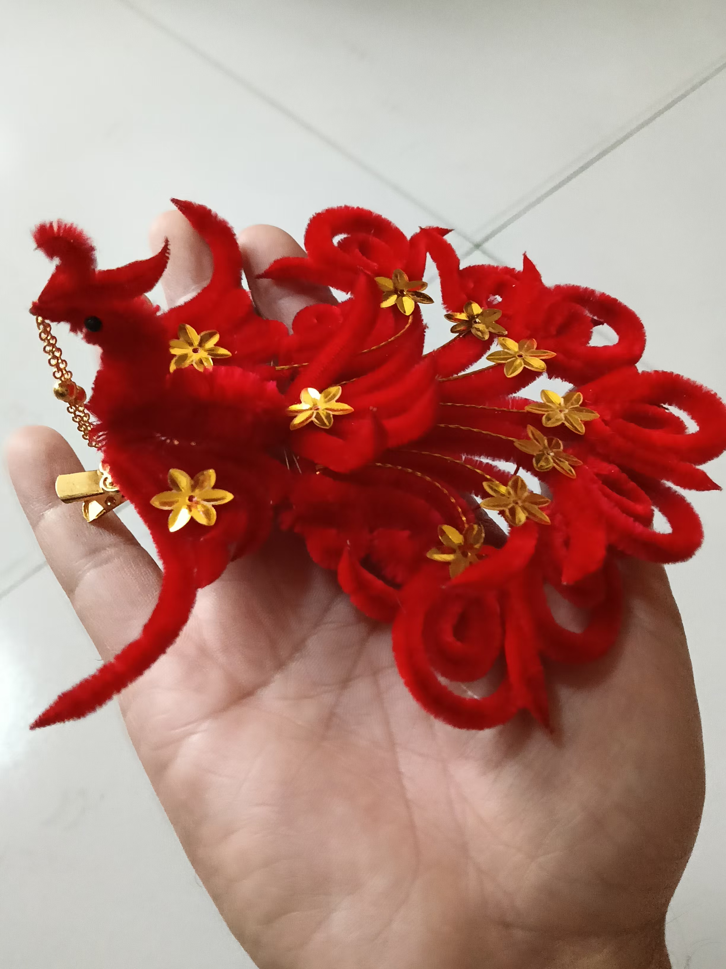 七尾公主凤/新款过年聚宝盆天然蚕丝红绒花纯手工制作