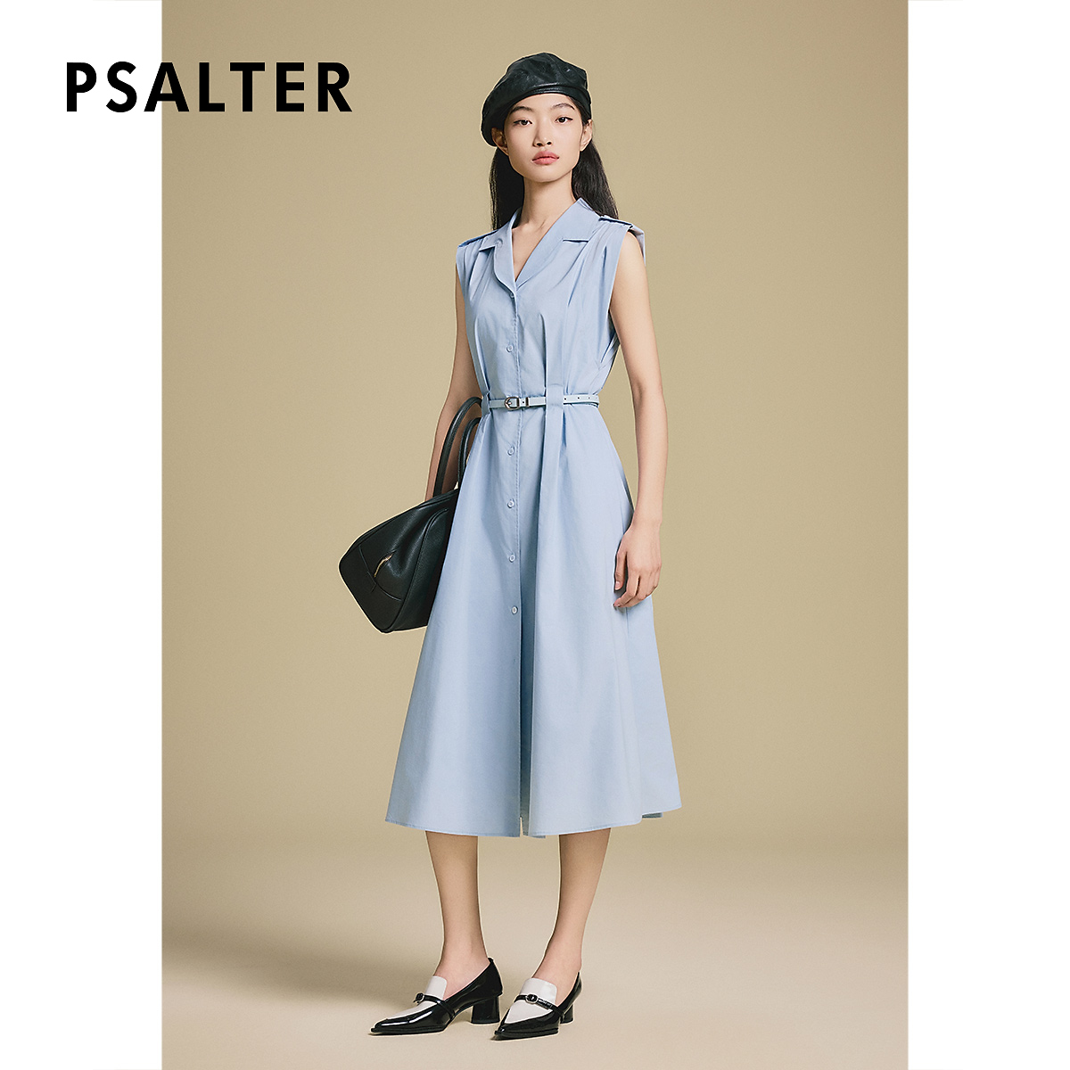 诗篇专选浅蓝色法式宽肩无袖褶涧立体收腰衬衫连衣裙2025春季新款