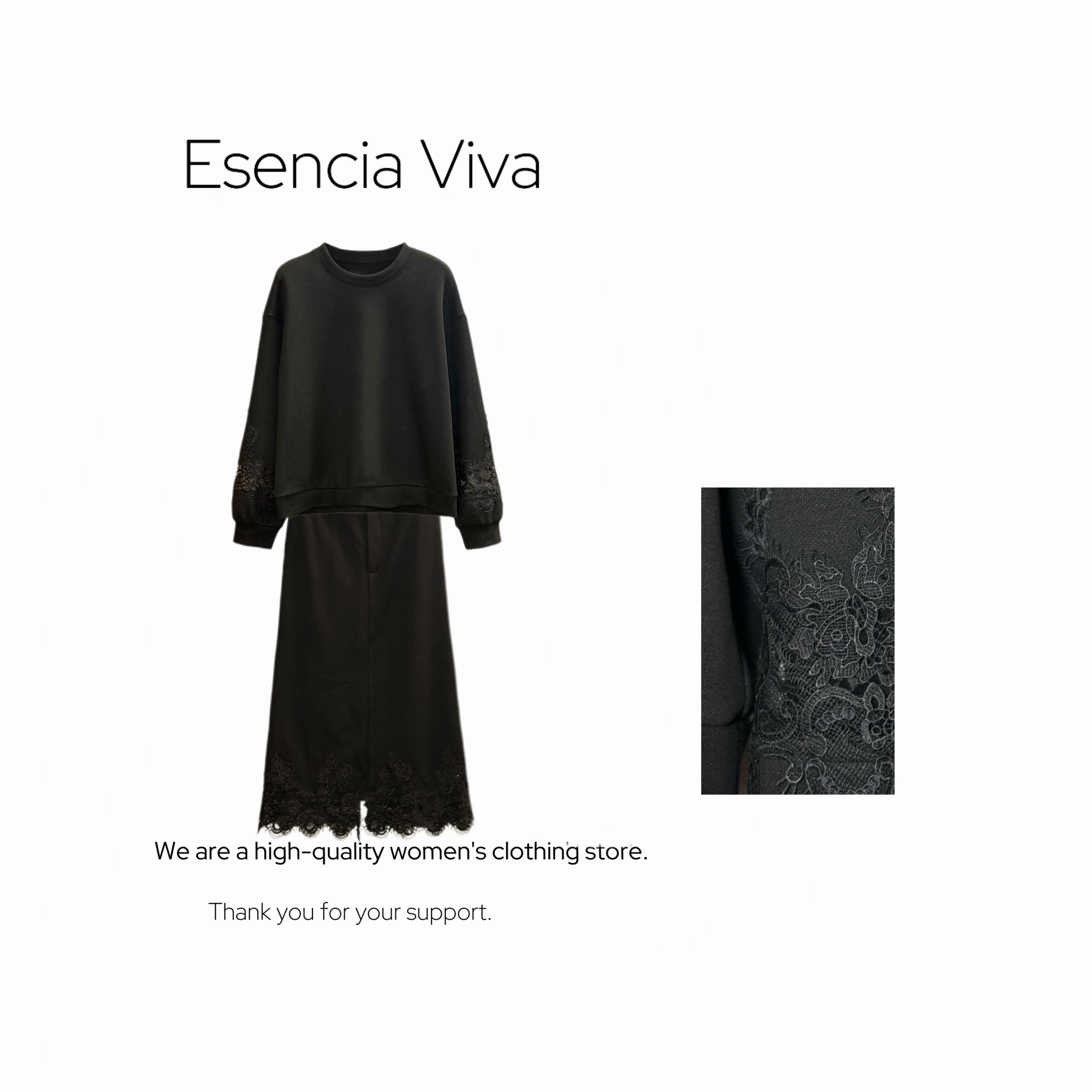 EV.【默然花开】刺绣花朵拼接气质长袖上衣+半裙套装EVZZ1076