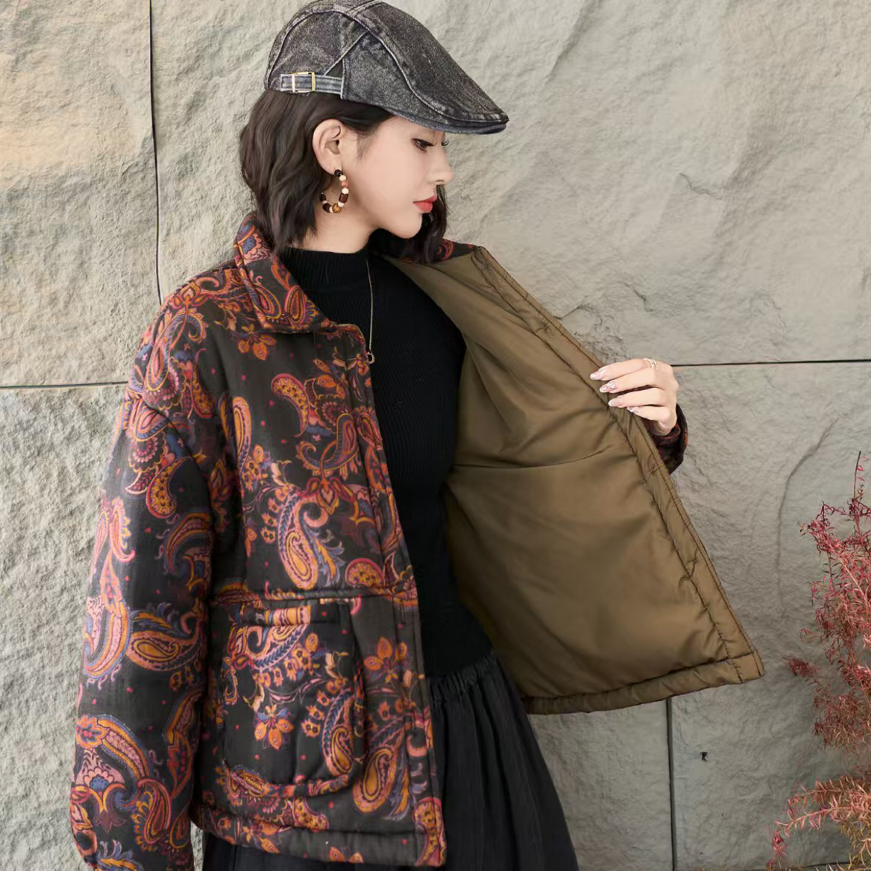 新款中老年秋冬加厚植物花卉印花宽松翻领百搭棉服外套