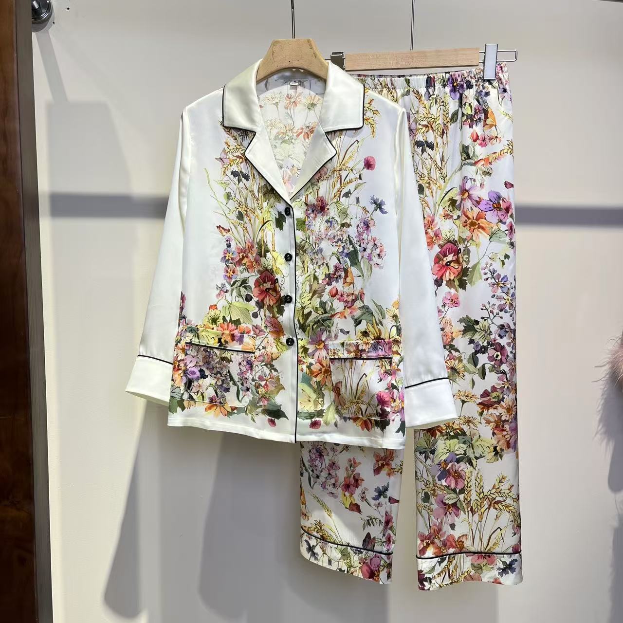 【日月禾】100%桑蚕丝麦穗花睡衣可外穿真丝套装长袖