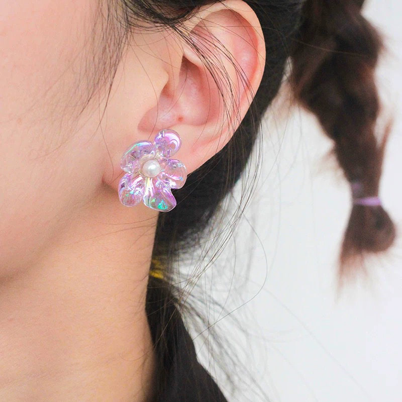 非金属亚克力耳饰 1037「濯濯雪茉」超仙透明紫色花朵法式耳钉百搭