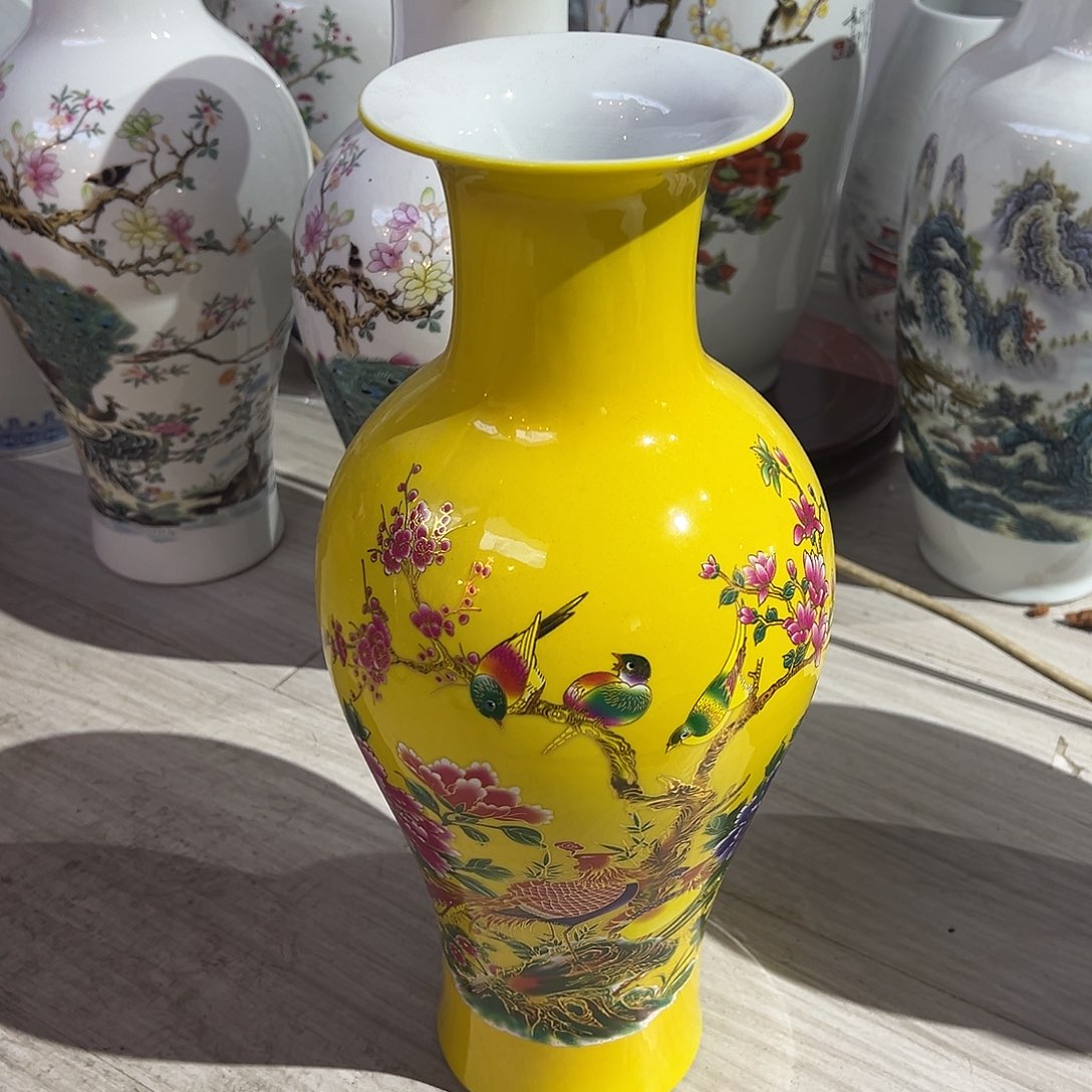 陶摆件36cm黄色鸟语花香鱼尾瓶